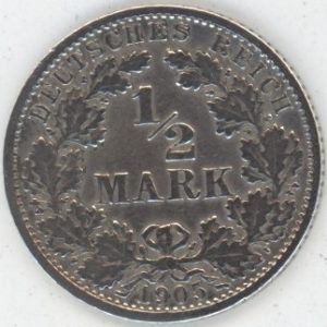 Germany Empire 1/2 Mark 1905 F Wilhelm II (ss) en argent
