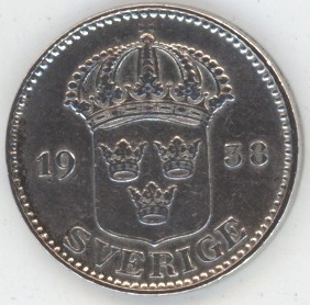 Suède 25 Öre 1938 G Gustaf V (ss) en argent