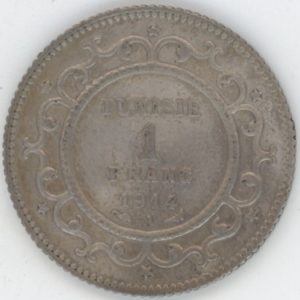 Tunisie 1 Franc 1914 AH ١٣٣٢(fast unz) en argent