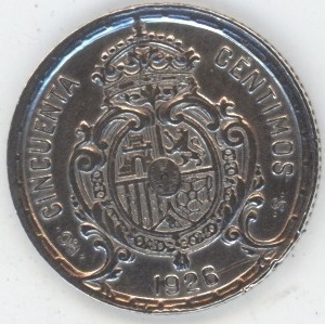 Espagne 50 Centimos 1926 Alphonse XIII (ss+) en argent