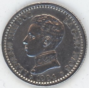 Espagne 50 Centimos 1904 SMV Alphonse XIII Cadet (ss+) en argent