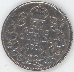 Canada 10 Cents 1919 Georges V (ss) en argent
