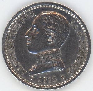 Espagne 50 Centimos 1910 Alphonse XIII (ss+) en argent