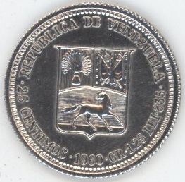 Venezuela 25 Centimos 1960 (vz-unz) en argent