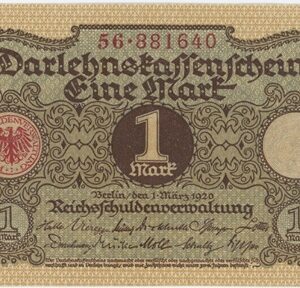 Germany Darlenskaffenschein 1 Mark 1920 Neuf