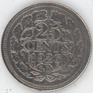 Pays-Bas 25 Cents 1926 Wilhelmina I (ss) en argent