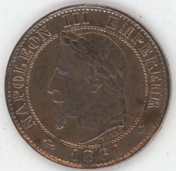 France 1 Centime 1861 BB Napoléon III Tête laurée (ss)