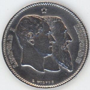 Belgique 1 Franc 1880 Leopold I et Leopold II 50e anniversaire de l'indépendance (ss+) en argent
