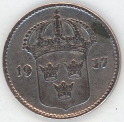 Suède 10 Öre 1937 G Gustaf V (ss) en argent