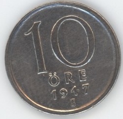 Suède 10 Öre 1947 Gustaf V (ss) en argent