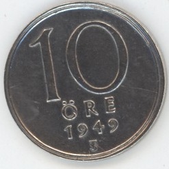 Suède 10 Öre 1949 TS Gustaf V (ss) en argent