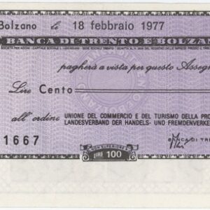 Italie Banca Di Trento E Bolzano 100 Lire 1977