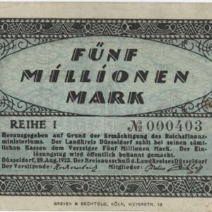 Germany Landkreis Düsseldorf 5 Millionen Mark 1923